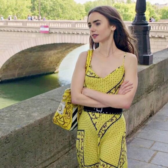 Ganni Silk Mix Top in Minion Yellow ASO Emily in Paris - Picture 3 of 10